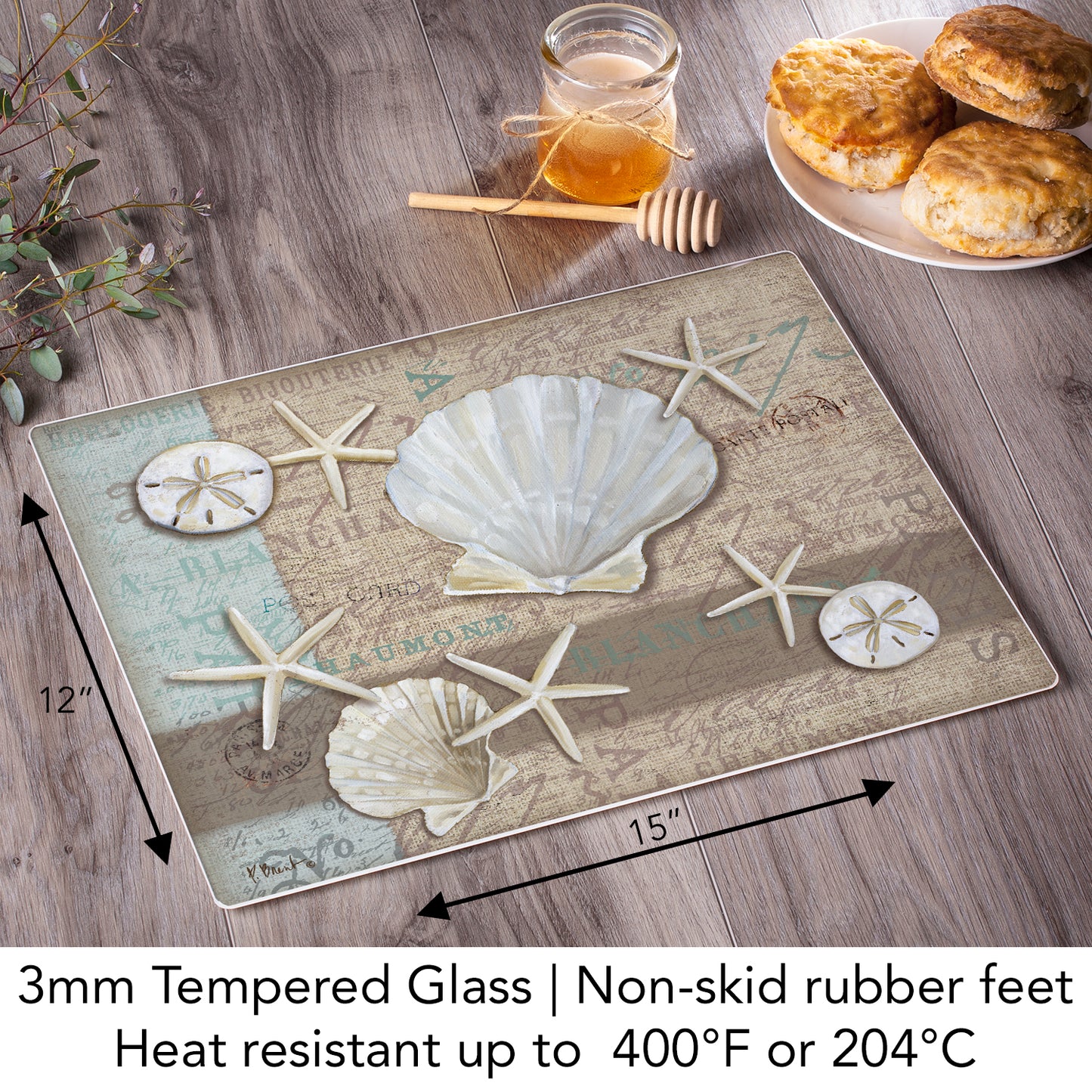 CounterArt Linen Shells 3mm Tempered Glass Cutting Board 15” x 12” Manufactured in the USA