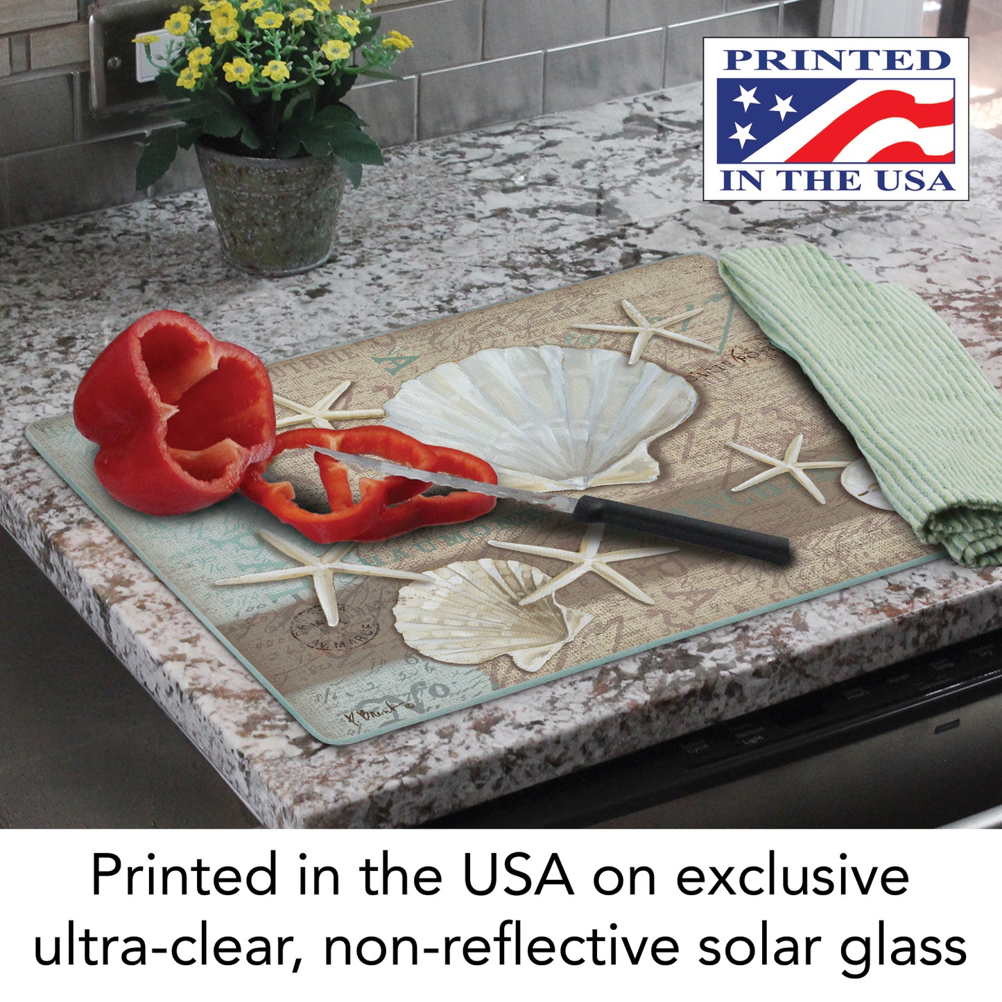 CounterArt Linen Shells 3mm Tempered Glass Cutting Board 15” x 12” Manufactured in the USA