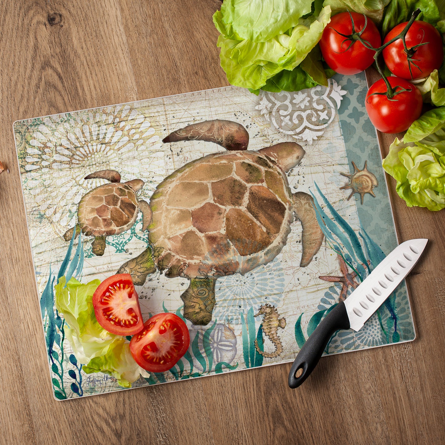 CounterArt Monterey Bay Turtle 3mm Tempered Glass Cutting Board 15" x 12" Manufactured in the USA