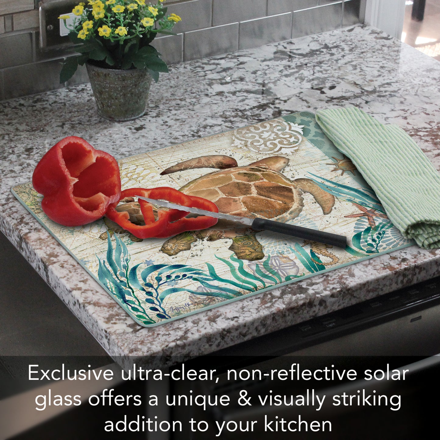 CounterArt Monterey Bay Turtle 3mm Tempered Glass Cutting Board 15" x 12" Manufactured in the USA