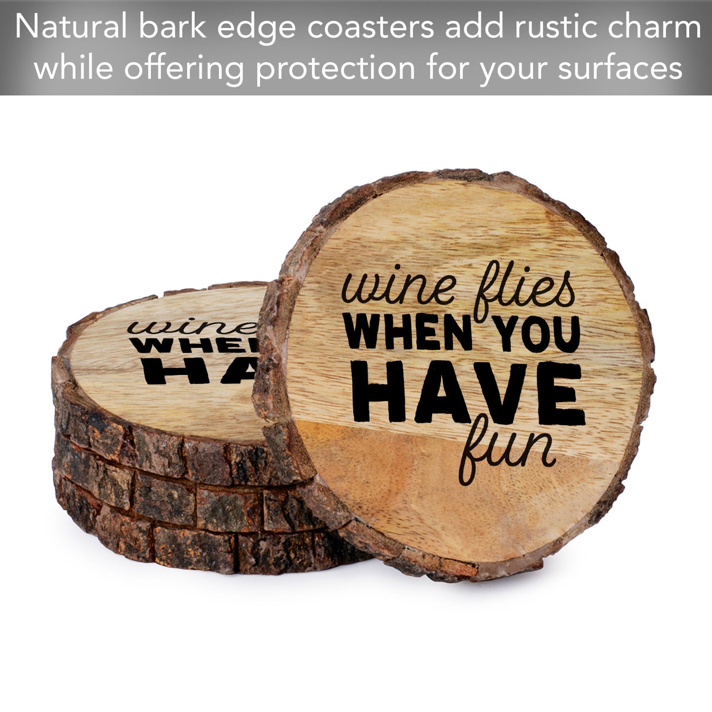 Thirstystone Wine Flies 4-Pack Mango Wood Coasters with Bark Edges 4.5" Round Manufactured in The USA