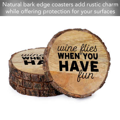 Thirstystone Wine Flies 4-Pack Mango Wood Coasters with Bark Edges 4.5" Round Manufactured in The USA