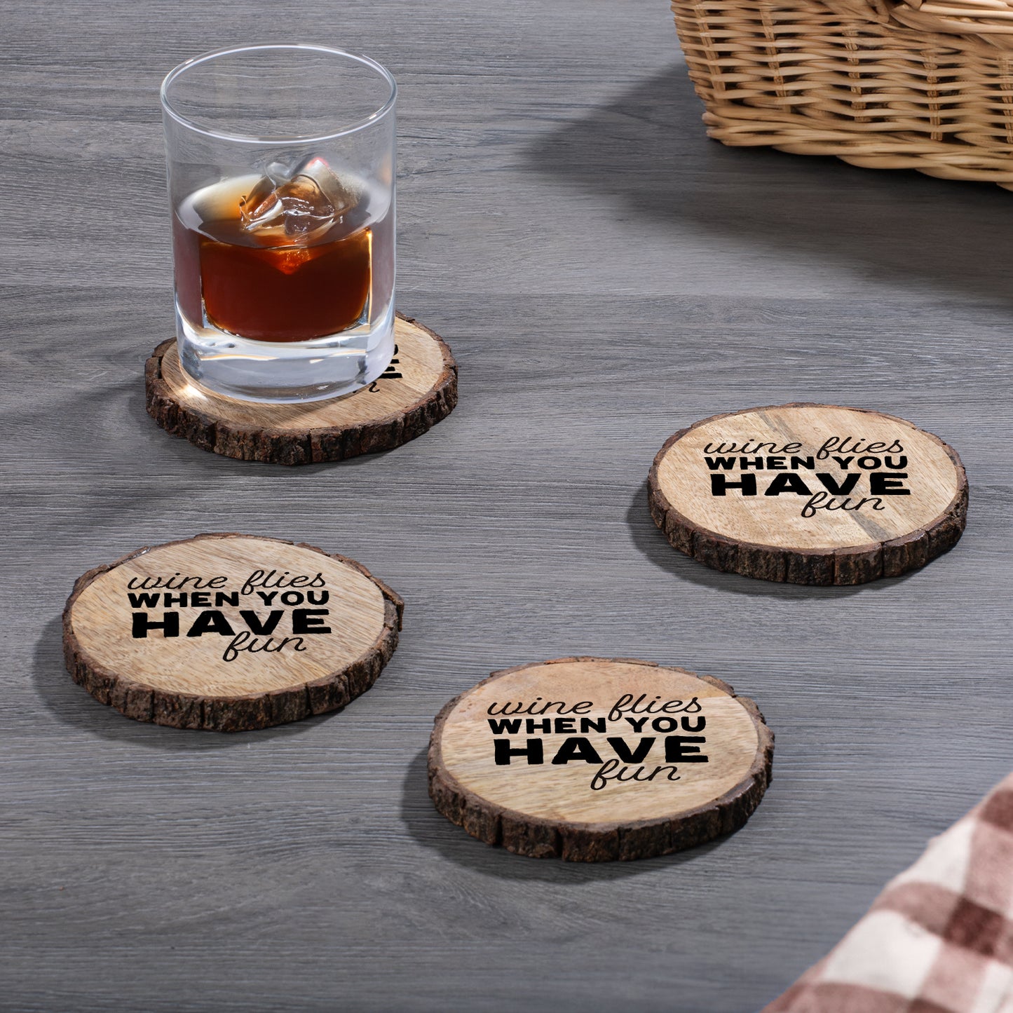 Thirstystone Wine Flies 4-Pack Mango Wood Coasters with Bark Edges 4.5" Round Manufactured in The USA