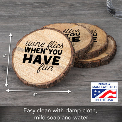 Thirstystone Wine Flies 4-Pack Mango Wood Coasters with Bark Edges 4.5" Round Manufactured in The USA