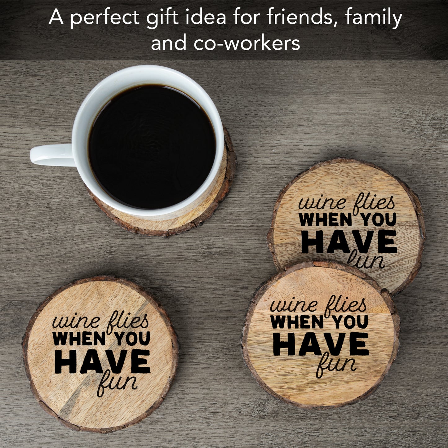 Thirstystone Wine Flies 4-Pack Mango Wood Coasters with Bark Edges 4.5" Round Manufactured in The USA