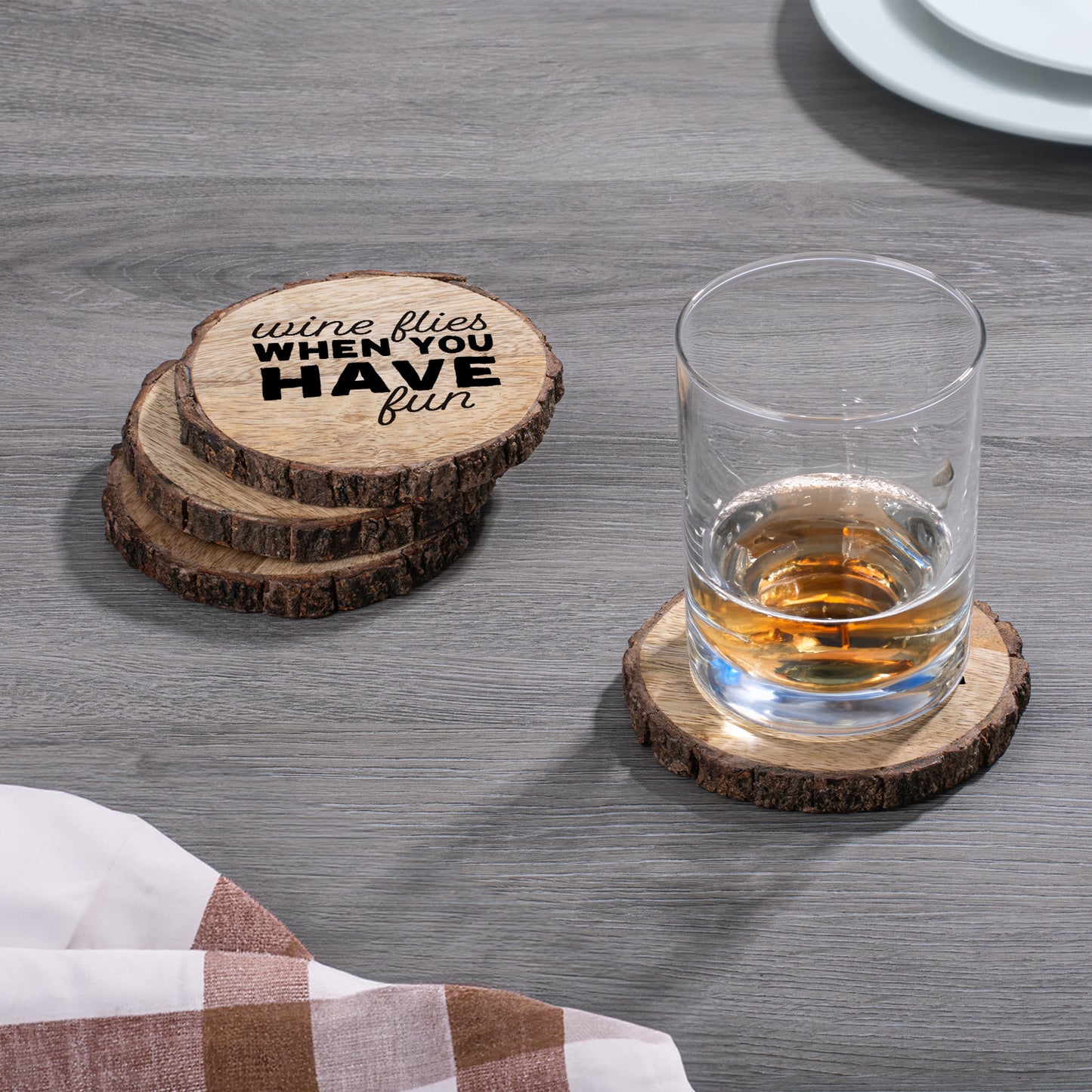 Thirstystone Wine Flies 4-Pack Mango Wood Coasters with Bark Edges 4.5" Round Manufactured in The USA