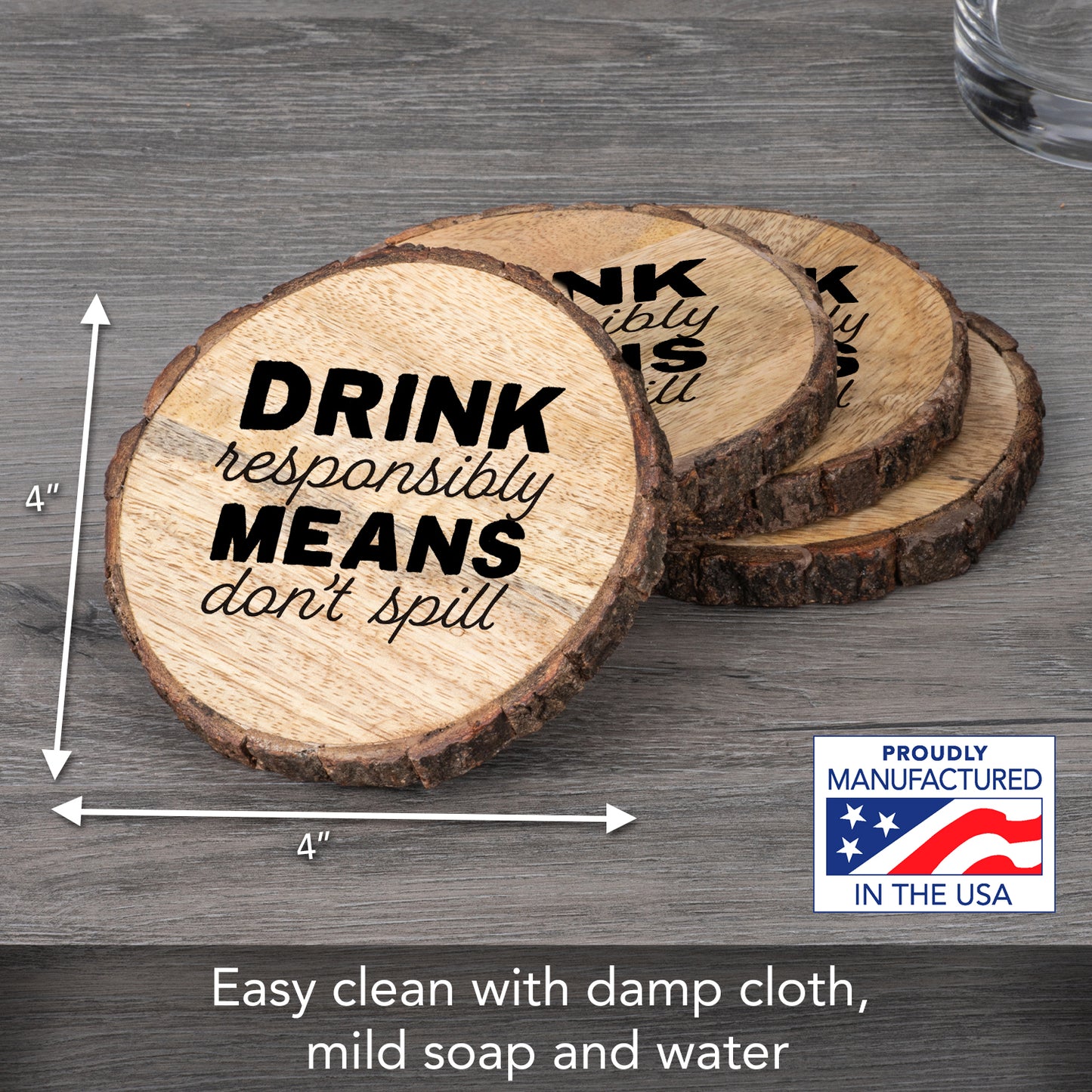 Thirstystone Drink Responsibly 4-Pack Mango Wood Coasters with Bark Edges 4.5" Round Manufactured in The USA