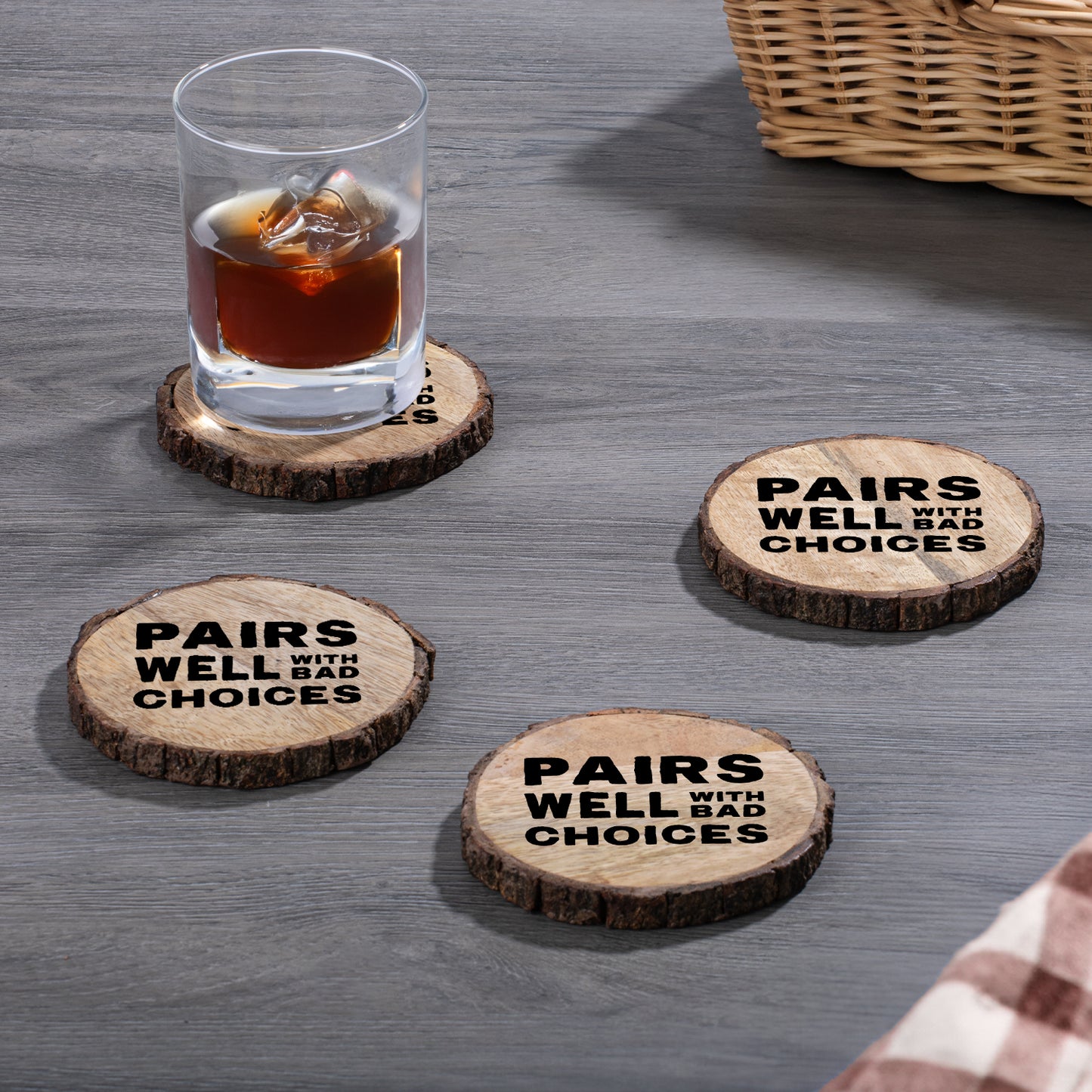 Thirstystone Bad Choices 4-Pack Mango Wood Coasters with Bark Edges 4.5" Round Manufactured in The USA