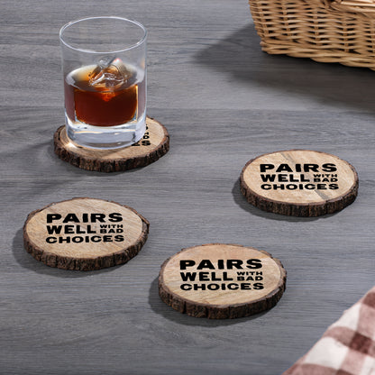 Thirstystone Bad Choices 4-Pack Mango Wood Coasters with Bark Edges 4.5" Round Manufactured in The USA
