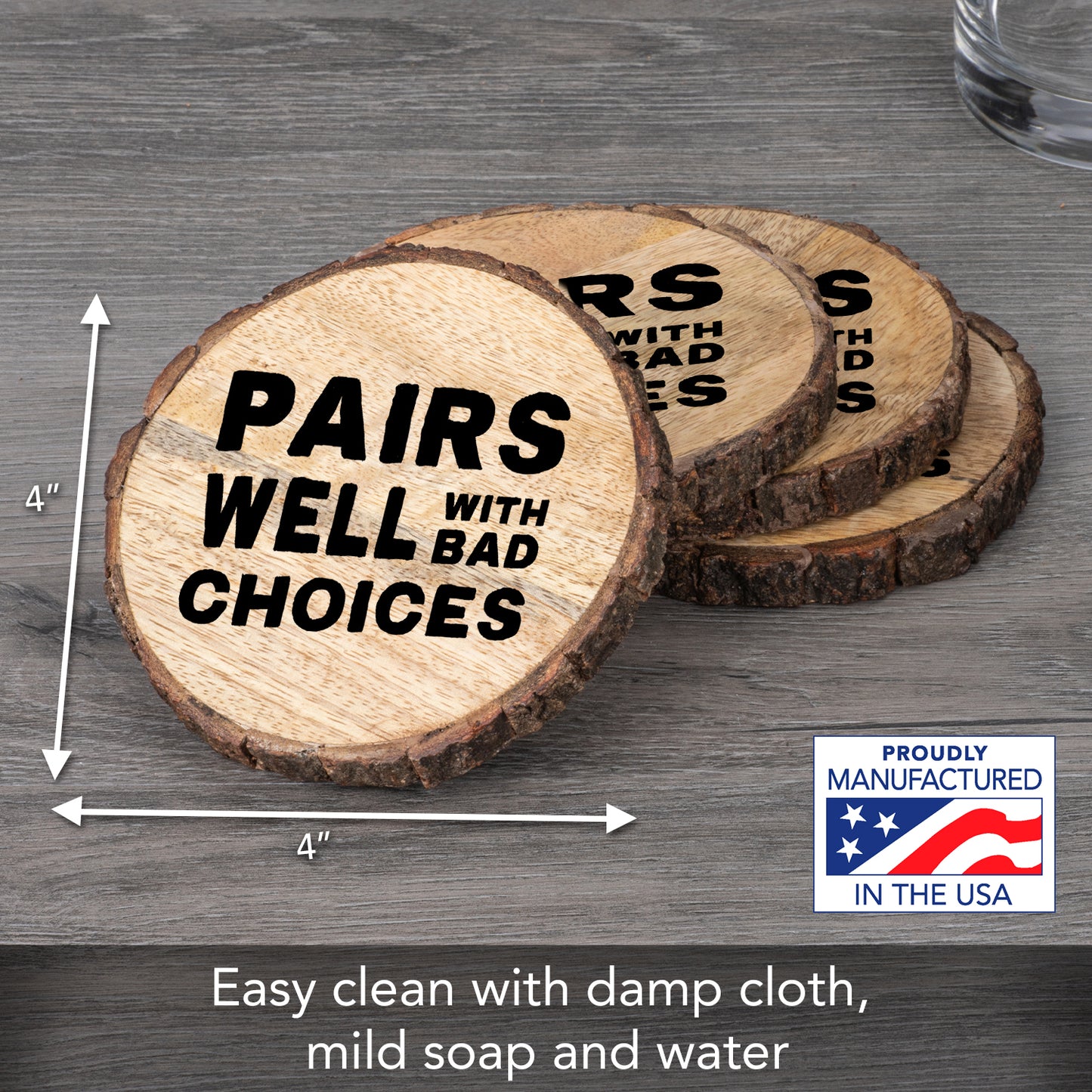 Thirstystone Bad Choices 4-Pack Mango Wood Coasters with Bark Edges 4.5" Round Manufactured in The USA
