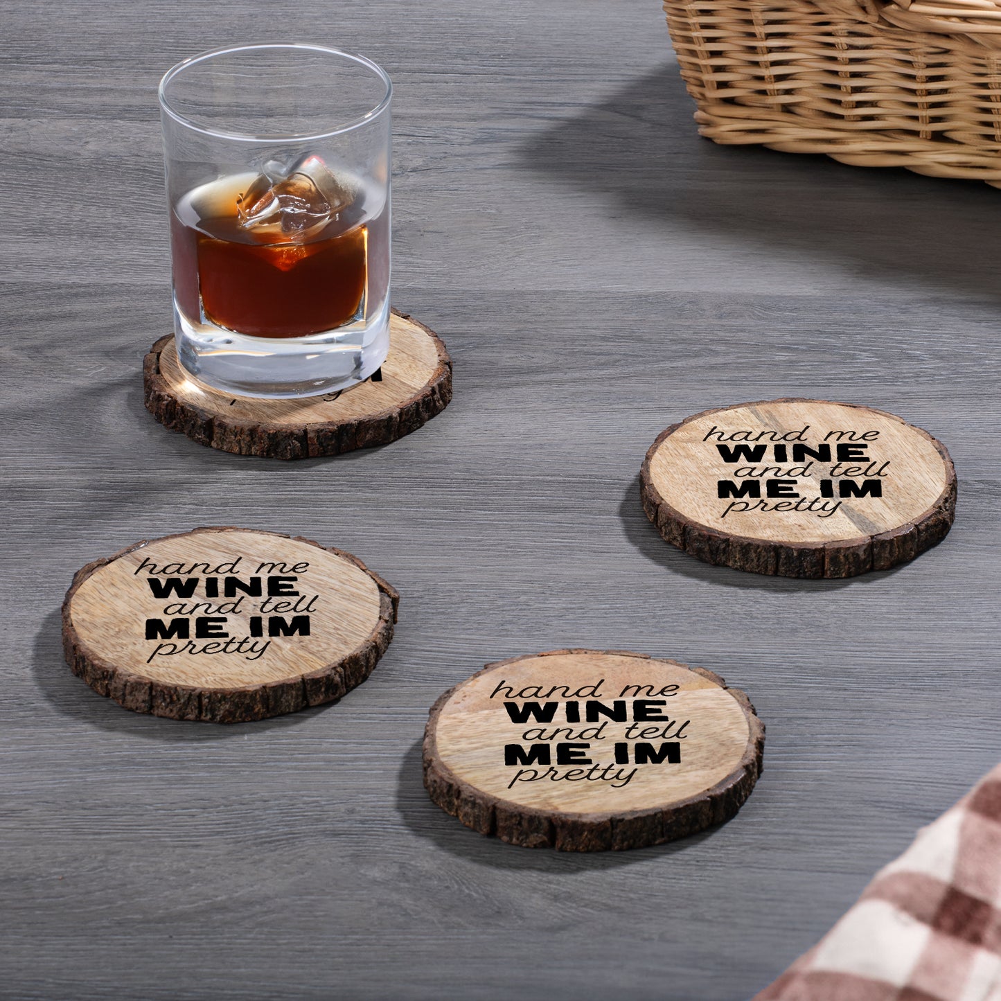 Thirstystone Tell Me I'm Pretty 4-Pack Mango Wood Coasters with Bark Edges 4.5" Round Manufactured in The USA