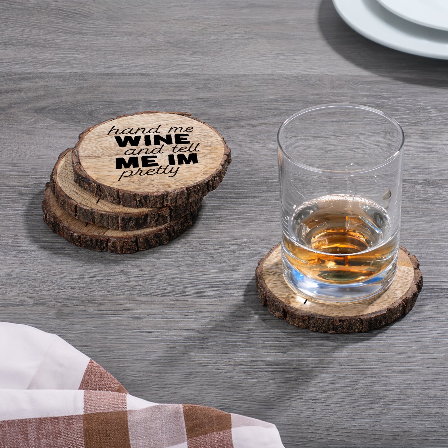 Thirstystone Tell Me I'm Pretty 4-Pack Mango Wood Coasters with Bark Edges 4.5" Round Manufactured in The USA