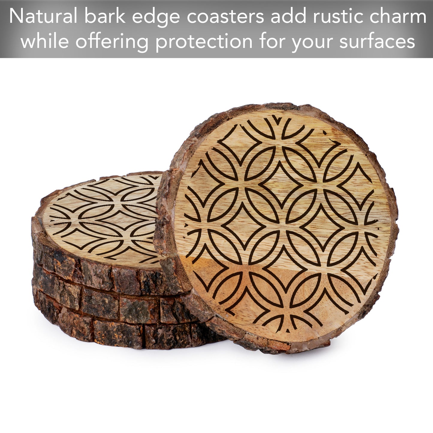 Thirstystone Medallion 4-Pack Mango Wood Coasters with Bark Edges 4.5" Round Manufactured in The USA