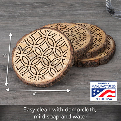 Thirstystone Medallion 4-Pack Mango Wood Coasters with Bark Edges 4.5" Round Manufactured in The USA