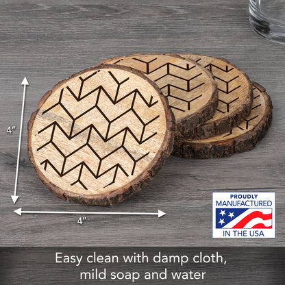 Chevron 4-Pack Mango Wood Coasters with Bark Edges 4.5" Round Manufactured in The USA