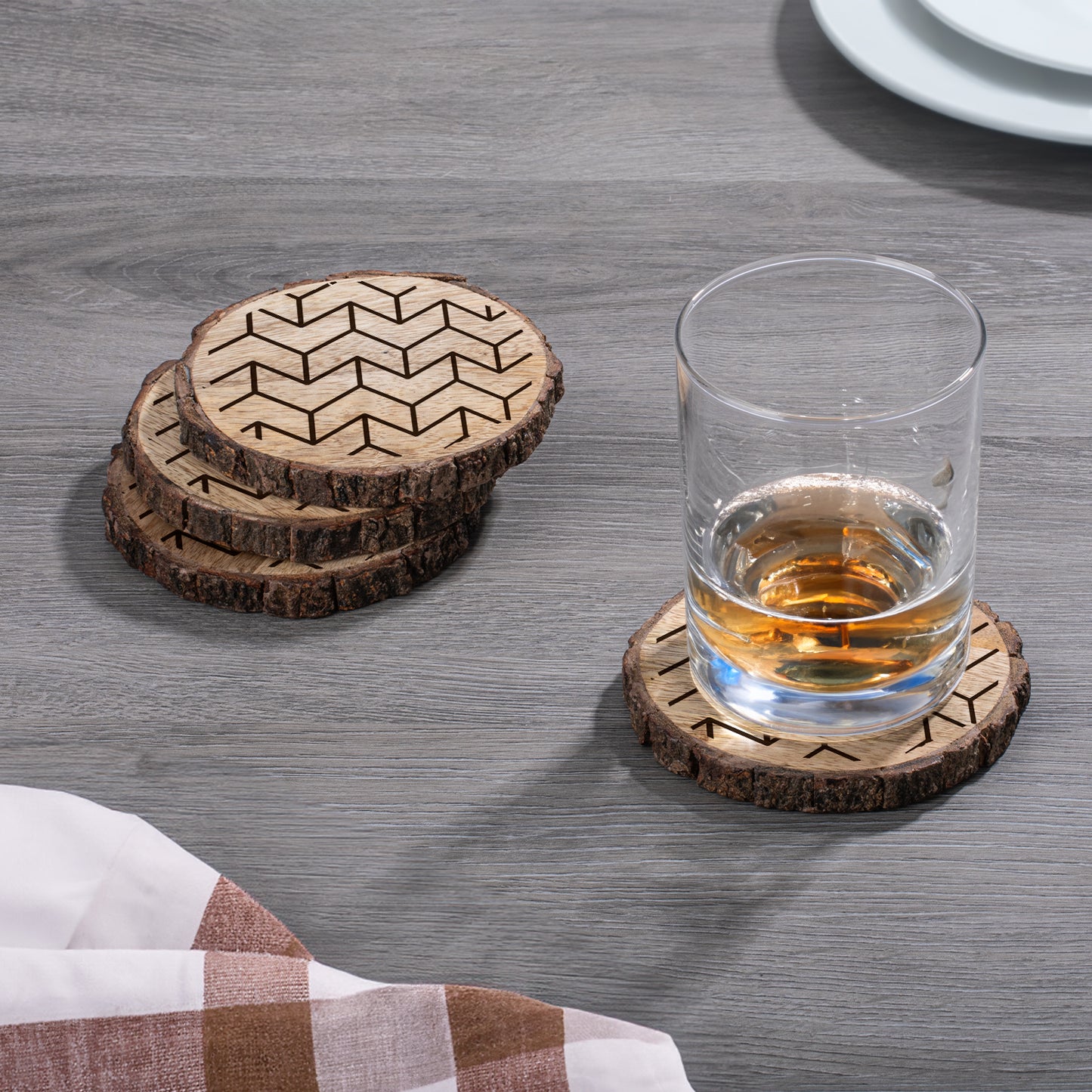 Chevron 4-Pack Mango Wood Coasters with Bark Edges 4.5" Round Manufactured in The USA