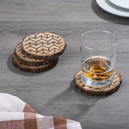 Chevron 4-Pack Mango Wood Coasters with Bark Edges 4.5" Round Manufactured in The USA