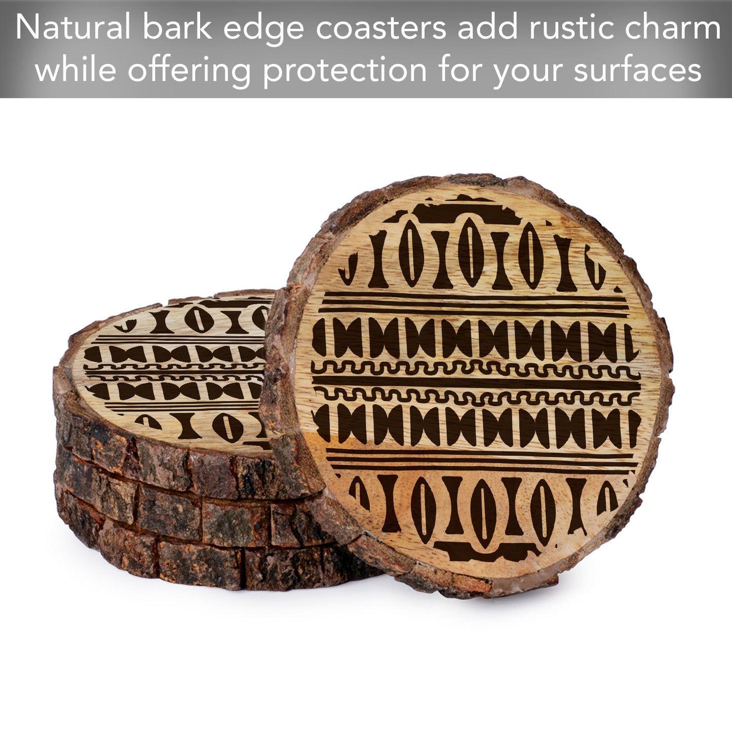 Thirstystone Tribal Pattern 4-Pack Mango Wood Coasters with Bark Edges 4.5" Round Manufactured in The USA