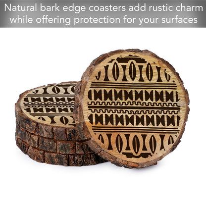 Thirstystone Tribal Pattern 4-Pack Mango Wood Coasters with Bark Edges 4.5" Round Manufactured in The USA