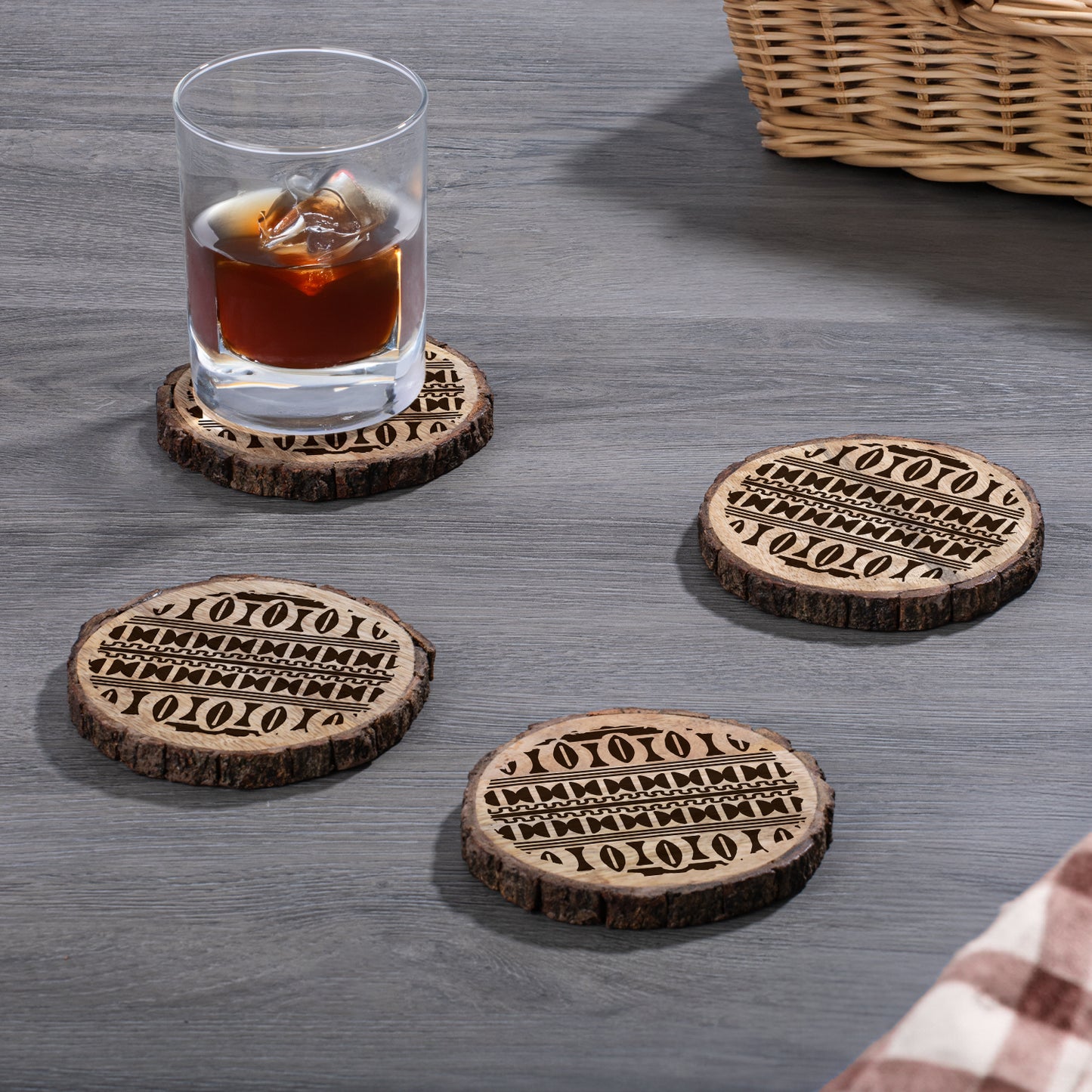 Thirstystone Tribal Pattern 4-Pack Mango Wood Coasters with Bark Edges 4.5" Round Manufactured in The USA