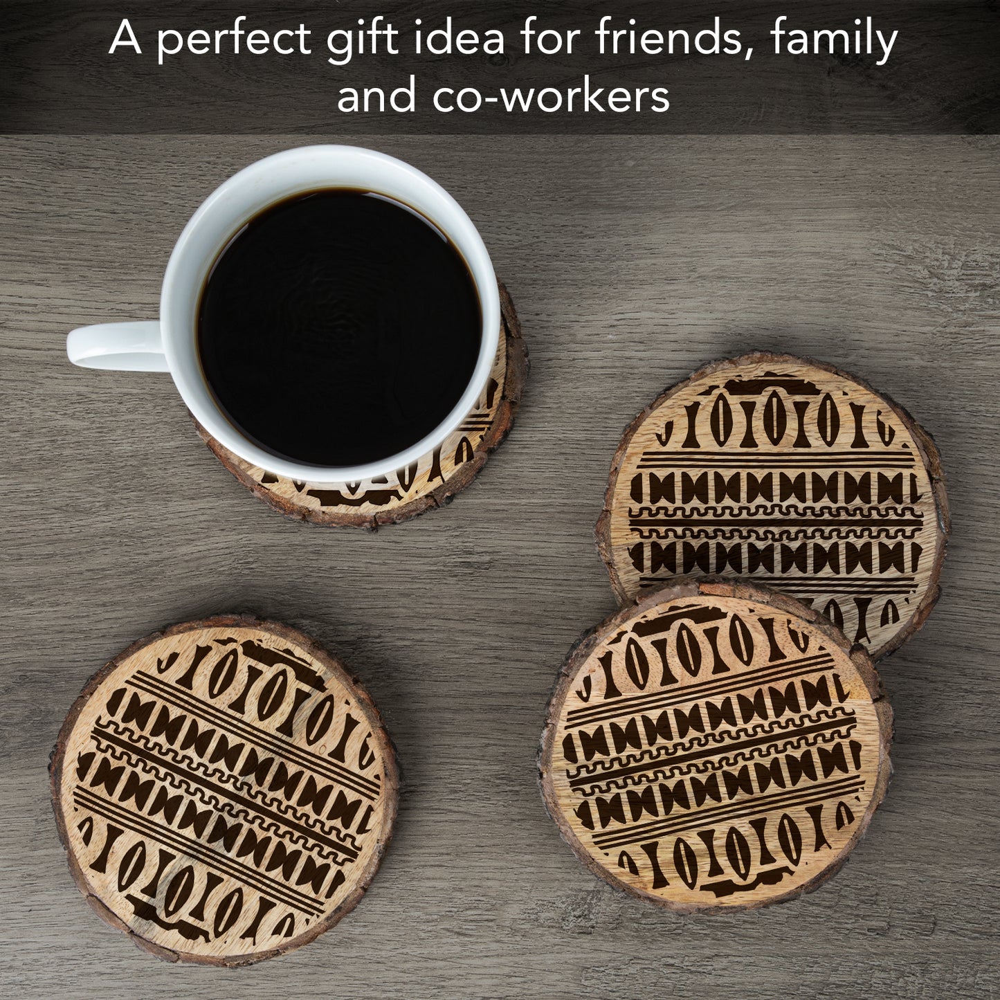 Thirstystone Tribal Pattern 4-Pack Mango Wood Coasters with Bark Edges 4.5" Round Manufactured in The USA
