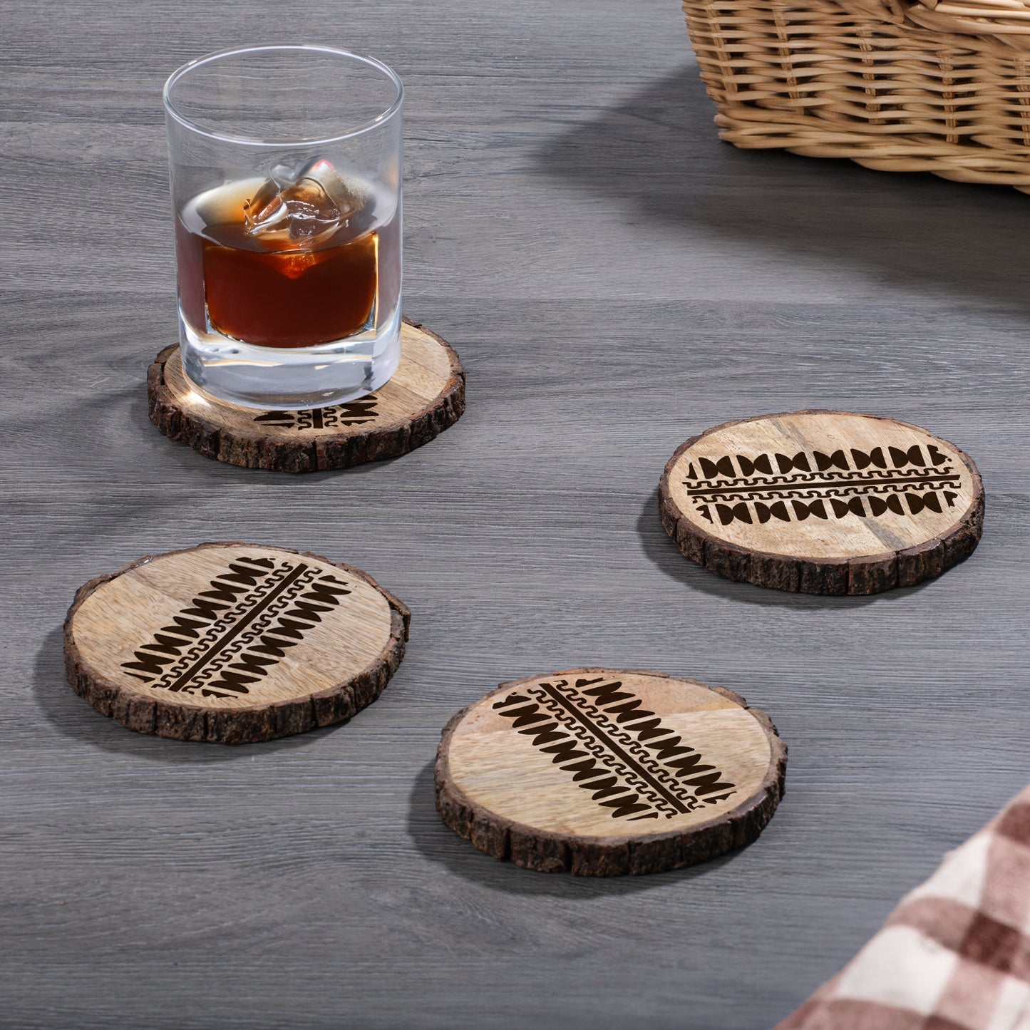 Thirstystone Geo Pattern 4-Pack Mango Wood Coasters with Bark Edges 4.5" Round Manufactured in The USA