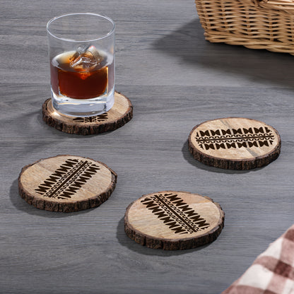Thirstystone Geo Pattern 4-Pack Mango Wood Coasters with Bark Edges 4.5" Round Manufactured in The USA
