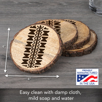 Thirstystone Geo Pattern 4-Pack Mango Wood Coasters with Bark Edges 4.5" Round Manufactured in The USA