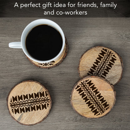 Thirstystone Geo Pattern 4-Pack Mango Wood Coasters with Bark Edges 4.5" Round Manufactured in The USA