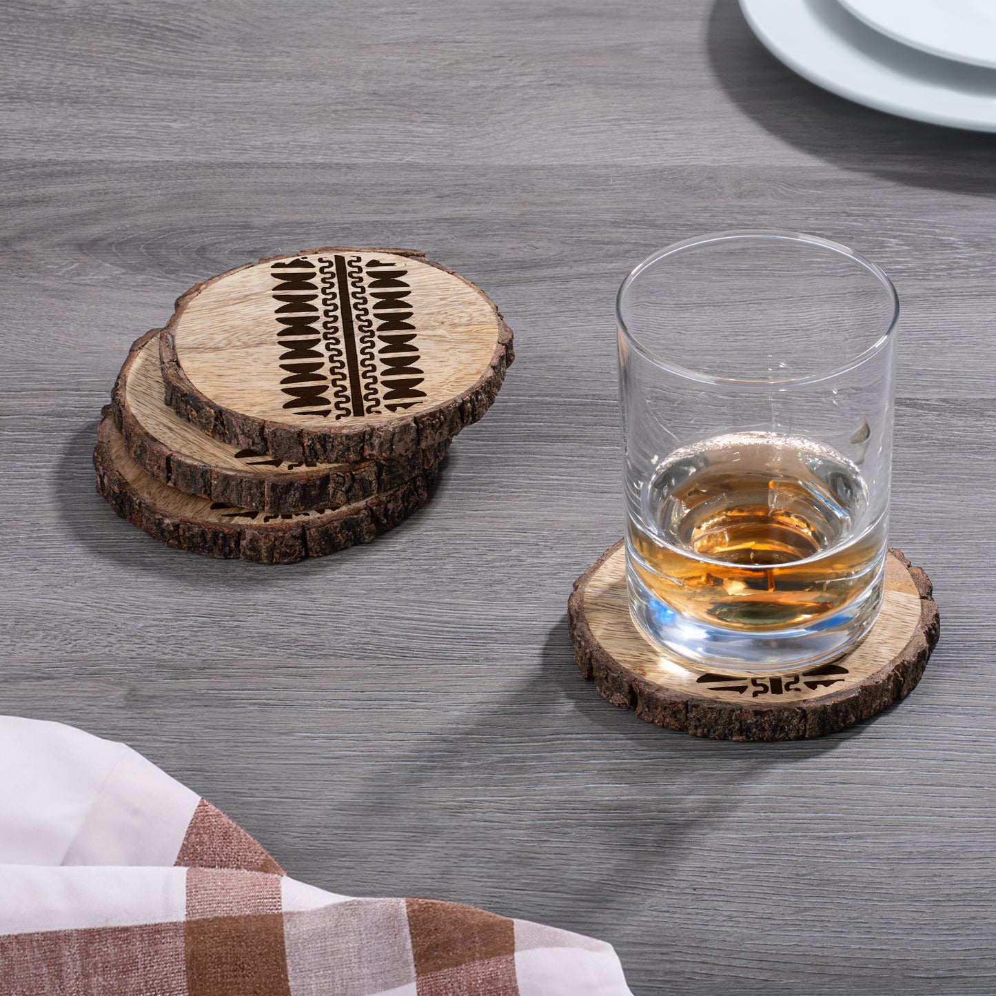 Thirstystone Geo Pattern 4-Pack Mango Wood Coasters with Bark Edges 4.5" Round Manufactured in The USA