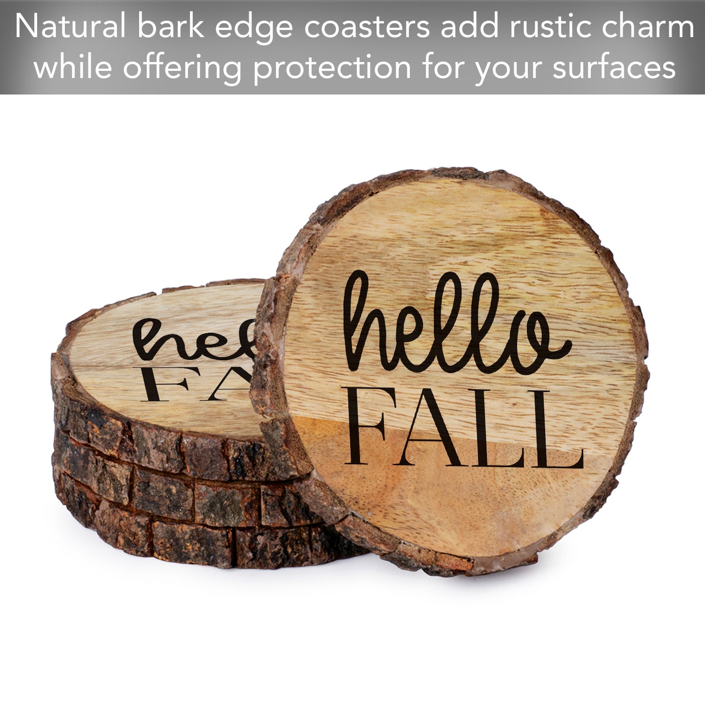 Thirstystone Hello Fall 4-Pack Mango Wood Coasters with Bark Edges 4.5" Round Manufactured in The USA
