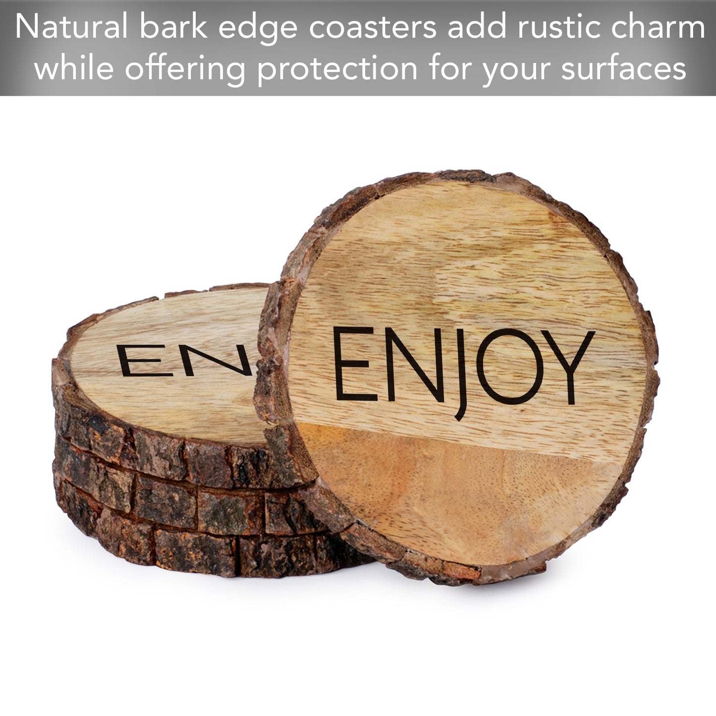 Thirstystone Enjoy 4-Pack Mango Wood Coasters with Bark Edges 4.5" Round Manufactured in The USA