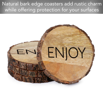 Thirstystone Enjoy 4-Pack Mango Wood Coasters with Bark Edges 4.5" Round Manufactured in The USA