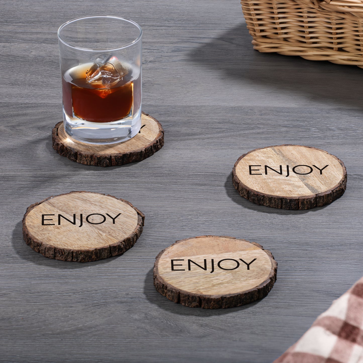 Thirstystone Enjoy 4-Pack Mango Wood Coasters with Bark Edges 4.5" Round Manufactured in The USA