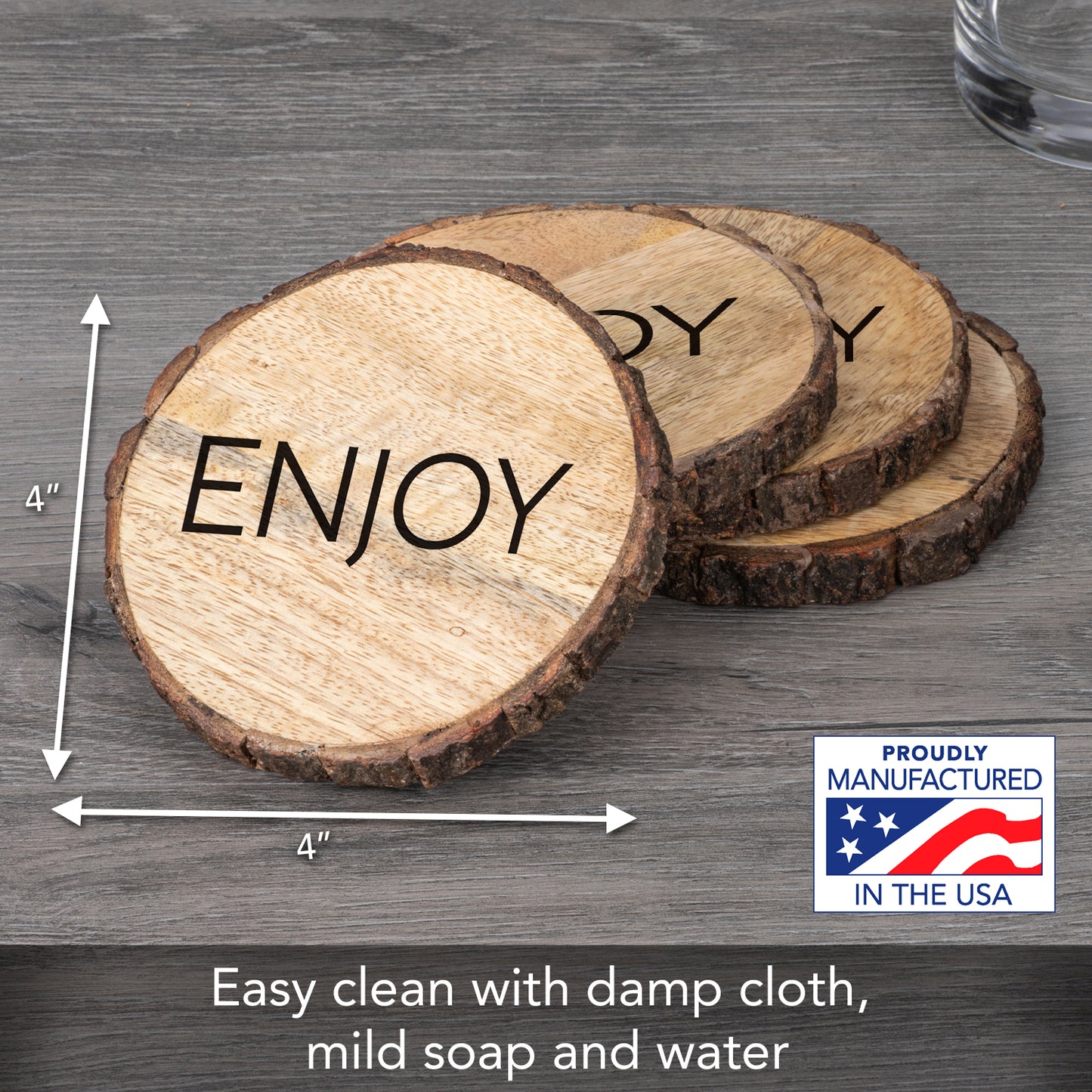 Thirstystone Enjoy 4-Pack Mango Wood Coasters with Bark Edges 4.5" Round Manufactured in The USA
