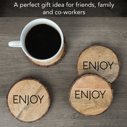 Thirstystone Enjoy 4-Pack Mango Wood Coasters with Bark Edges 4.5" Round Manufactured in The USA