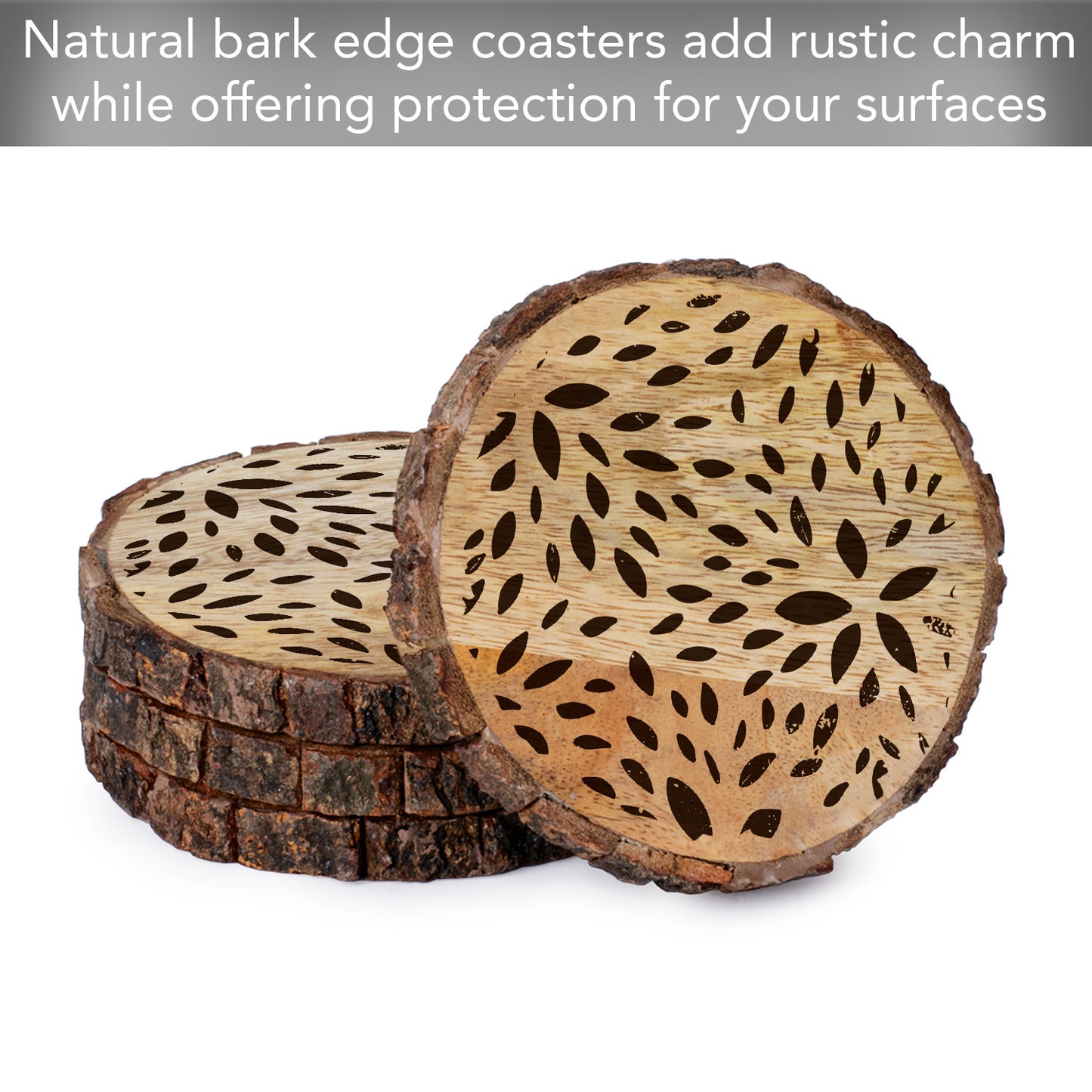 Thirstystone Brown Floral 4-Pack Mango Wood Coasters with Bark Edges 4.5" Round Manufactured in The USA