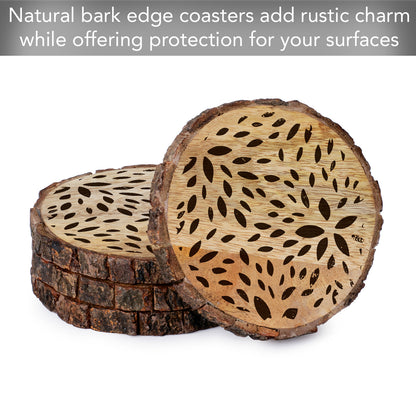 Thirstystone Brown Floral 4-Pack Mango Wood Coasters with Bark Edges 4.5" Round Manufactured in The USA