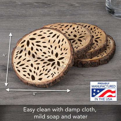 Thirstystone Brown Floral 4-Pack Mango Wood Coasters with Bark Edges 4.5" Round Manufactured in The USA