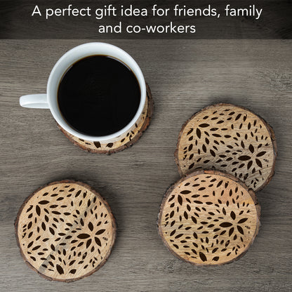 Thirstystone Brown Floral 4-Pack Mango Wood Coasters with Bark Edges 4.5" Round Manufactured in The USA