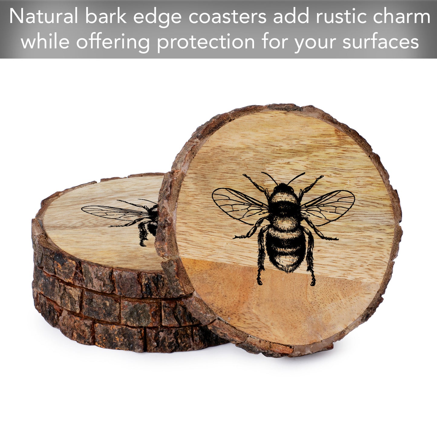 Thirstystone Bee 4-Pack Mango Wood Coasters with Bark Edges 4.5" Round Manufactured in The USA