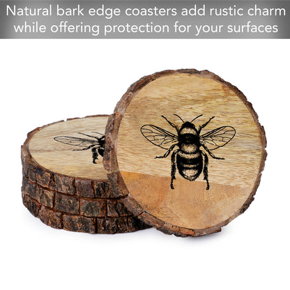 Thirstystone Bee 4-Pack Mango Wood Coasters with Bark Edges 4.5" Round Manufactured in The USA