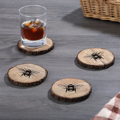 Thirstystone Bee 4-Pack Mango Wood Coasters with Bark Edges 4.5" Round Manufactured in The USA
