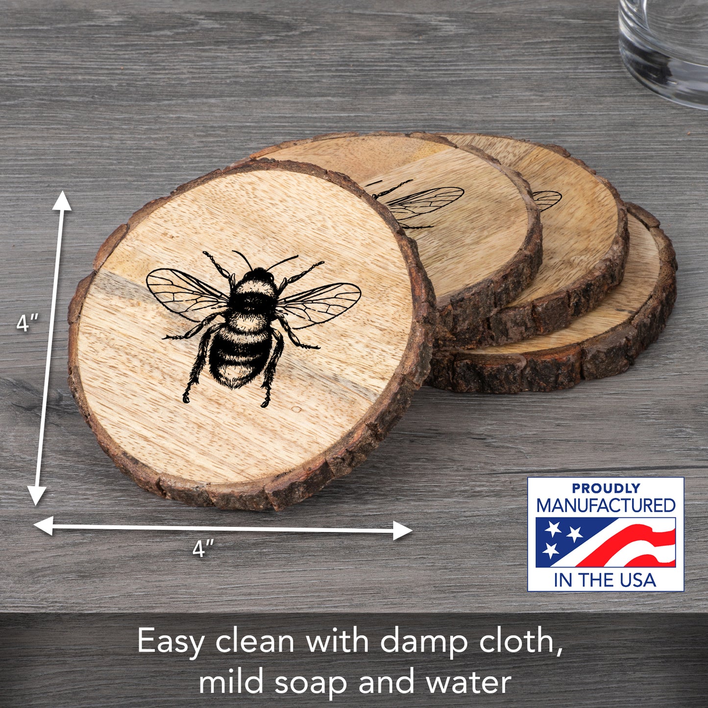 Thirstystone Bee 4-Pack Mango Wood Coasters with Bark Edges 4.5" Round Manufactured in The USA
