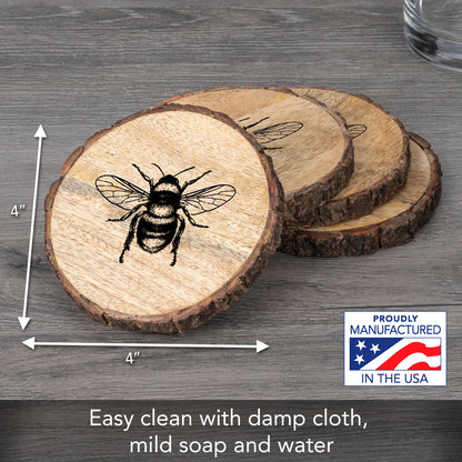 Thirstystone Bee 4-Pack Mango Wood Coasters with Bark Edges 4.5" Round Manufactured in The USA