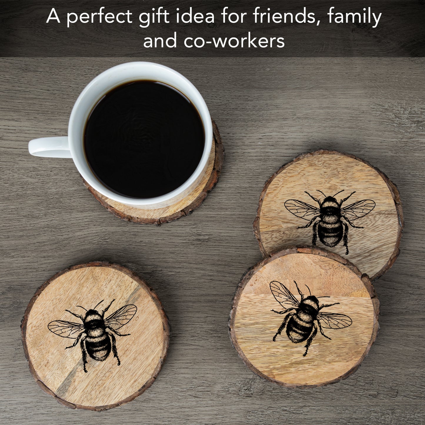 Thirstystone Bee 4-Pack Mango Wood Coasters with Bark Edges 4.5" Round Manufactured in The USA