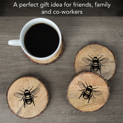 Thirstystone Bee 4-Pack Mango Wood Coasters with Bark Edges 4.5" Round Manufactured in The USA