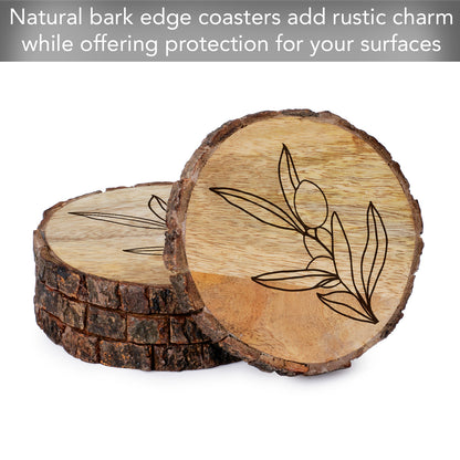 Thirstystone Olive Branch 4-Pack Mango Wood Coasters with Bark Edges 4.5" Round Manufactured in The USA