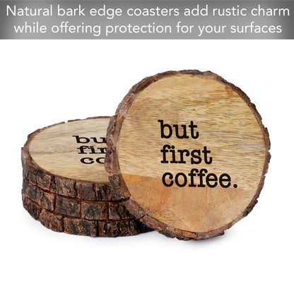 Thirstystone But First Coffee 4-Pack Mango Wood Coasters with Bark Edges 4.5" Round Manufactured in The USA