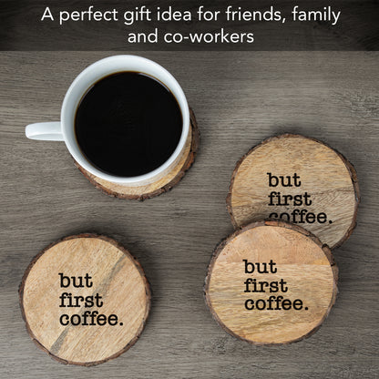 Thirstystone But First Coffee 4-Pack Mango Wood Coasters with Bark Edges 4.5" Round Manufactured in The USA